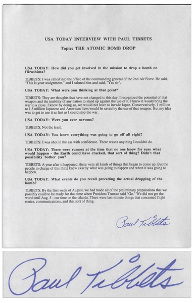 Paul Tibbets Signed Statement Regarding Dropping the Atomic Bomb on Hiroshima During World War II -- ''...I was shot in the ass with confidence...''